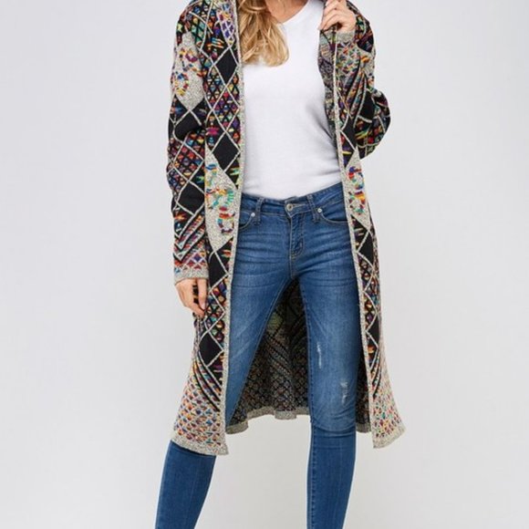 new  ON BLUE SWEATER Yellowstone CARDIGAN BOHO WESTERN AZTEC rainbow DUSTER S-3X - Picture 5 of 9